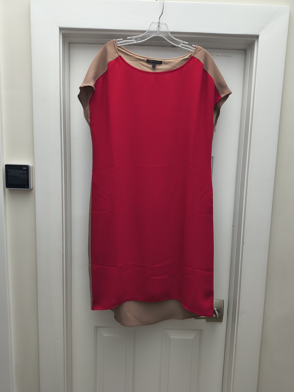 Armani Exchange Red Shift Dress with Tan Accents